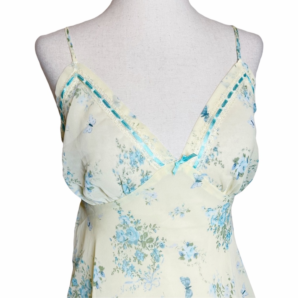 Vintage Y2K Fairycore Pale Yellow & Blue Floral Butterfly Chiffon Slip Dress - Picture 6 of 6